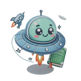 3D render of a cute, smiling alien in a blue UFO, with a small rocket and a green book labeled 'Online School' nearby.