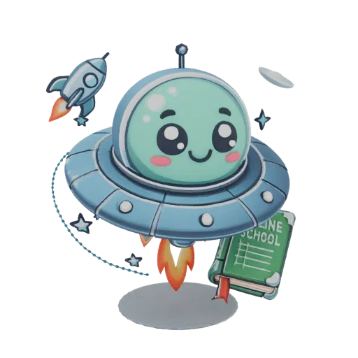 3D render of a cute, smiling alien in a blue UFO, with a small rocket and a green book labeled 'Online School' nearby.