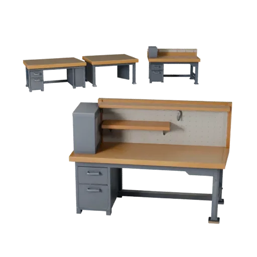 Modello 3D Low Poly Banco da Lavoro Maker, vista tre quarti in viewport di gioco, con telai in acciaio, supporti stabili.