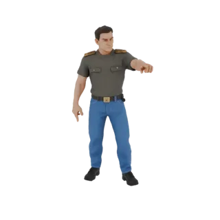 Modelo 3D de hombre con camiseta gris y jeans azules, de pie y señalando hacia adelante