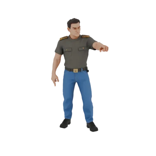 Modelo 3D de hombre con camiseta gris y jeans azules, de pie y señalando hacia adelante
