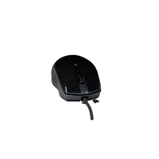 3D-Modell der kabellosen Maus, Dreiviertel-Vorderansicht, AR-Viewer-Studio-Rendering, zeigt Kunststoffschalen, Schreibtischsk