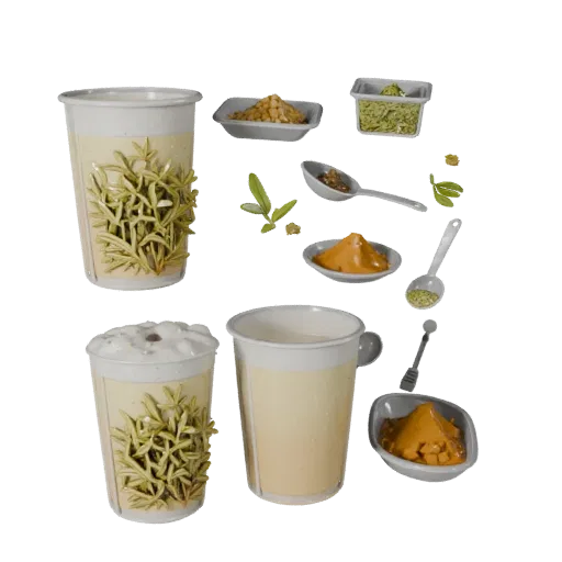 Baking Herb Bundle 3D model, three-quarter front view, Unity viewport, showing powders, small ingredient shapes.