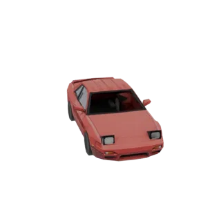 A 3D render of a retro red sports car with pop-up headlights and a spoiler, viewed from a three-quarter front angle.