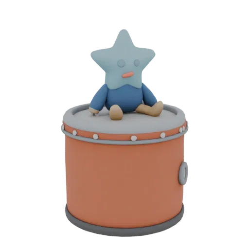 3D model of a star toy with a blue body and light limbs, sitting on an orange drum with white dots.