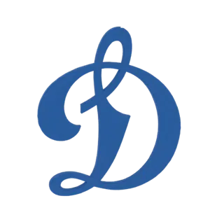 3D-Modell des Logos des Fußballvereins Dynamo Moskau, mit einem blauen stilisierten 'D'-Emblem auf weißem Hintergrund.