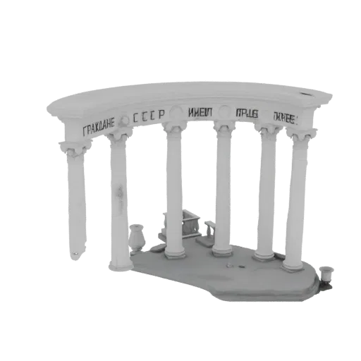 3D model of a white Soviet monument archway with classical columns and Cyrillic inscriptions.