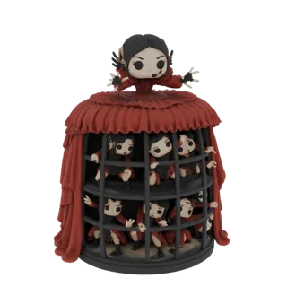 3D model of The Other Mother's doll cage from Coraline, with the Other Mother figure above and trapped button-eyed dolls insi
