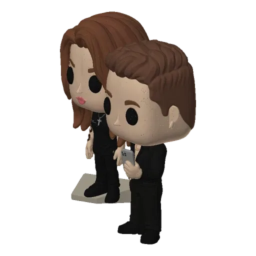 Modelo 3D de pareja estilo Funko Pop, con la figura femenina a la izquierda y la masculina a la derecha sosteniendo un teléfo