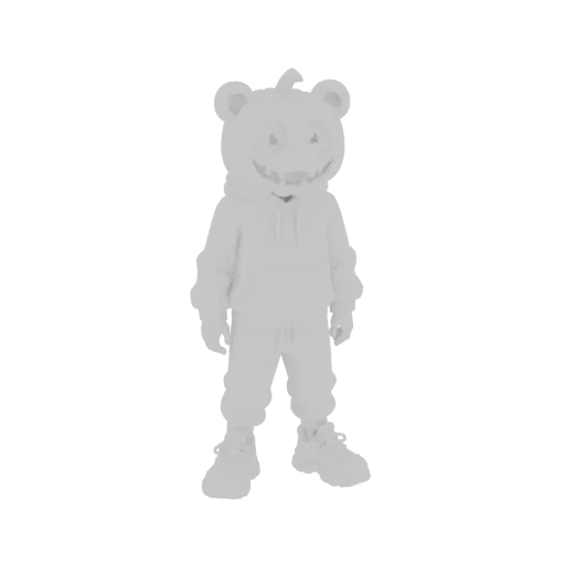 3D-Modell eines Halloween-Bärencharakters mit Kapuzenpullover und Jogginghose, mit einem kürbisähnlichen Gesicht.
