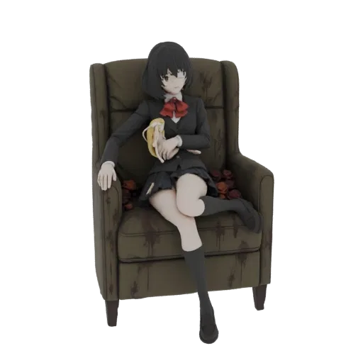 3D model of an anime girl in a school uniform sitting on a dark armchair, holding a banana, with roses scattered around.