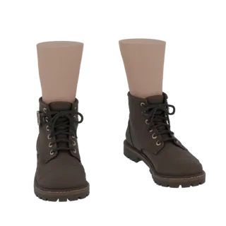 3D model of a pair of dark brown lace-up combat boots with a side buckle detail, presented on a black background.