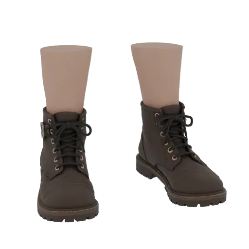 3D model of a pair of dark brown lace-up combat boots with a side buckle detail, presented on a black background.