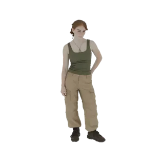 Modello 3D di donna con capelli castano ramato, indossa un top verde e pantaloni cargo kaki, in piedi con una mano sul fianco