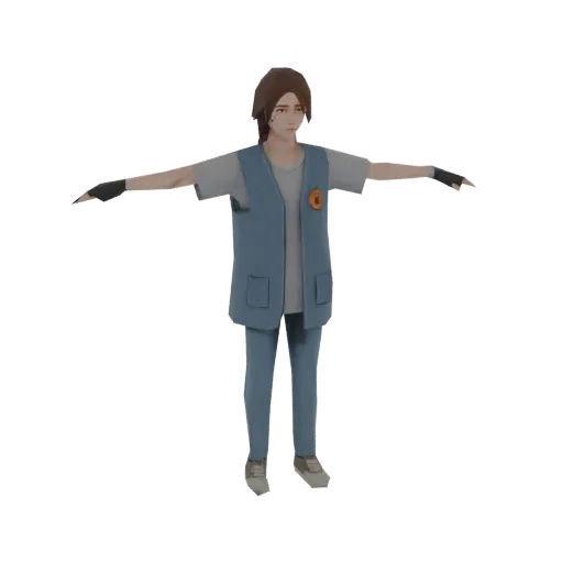 Low-poly 3D model of a female scientist in a blue lab coat and grey shirt, standing in a T-pose with arms outstretched.
