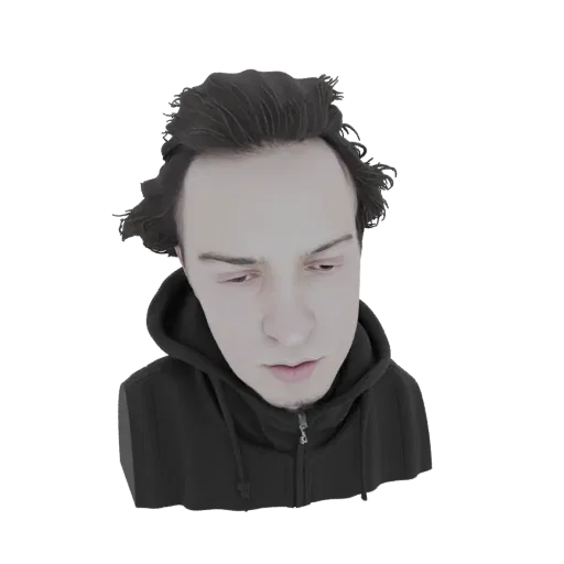 Modelo 3D de um jovem com cabelo escuro vestindo um moletom preto, olhando pensativamente para baixo.