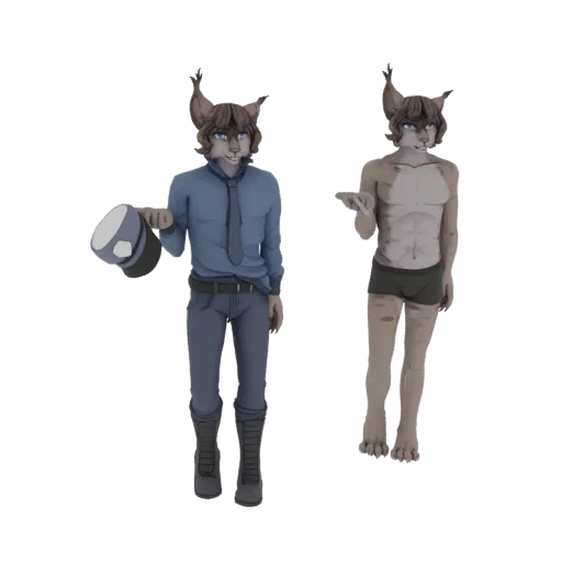 3D model of an anthropomorphic lynx character in a blue uniform and another in casual attire, shown against a white backgroun
