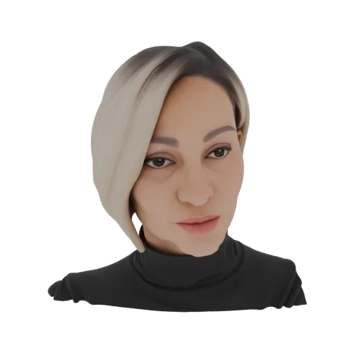 A 3D model render of a stylized woman with blonde highlights in her hair, wearing a black turtleneck, against a black backgro