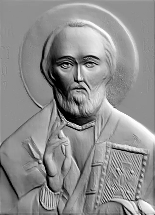 3D model of St. Nicholas the Wonderworker bas-relief, rendered in gray, with a halo and holding a book.