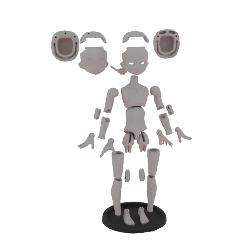 3D model of a disassembled humanoid mannequin with separate limbs and head, presented on a black background.