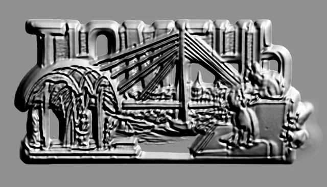 Modelo 3D de bajorrelieve con puente, edificios y elementos arquitectónicos en color gris