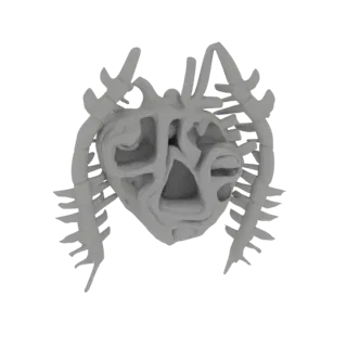 Render 3D de un corazón esquelético grotesco con pinchos afilados, presentado en un tono gris neutro sobre un fondo blanco.
