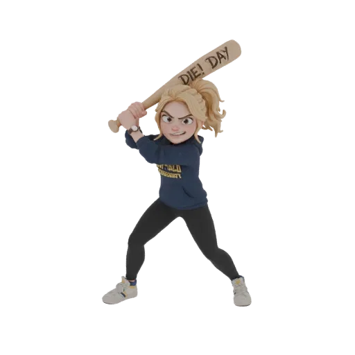 3D model of Tree Gelbman from Happy Death Day, holding a baseball bat with 'DIE! DAY' written on it, in a dynamic pose.