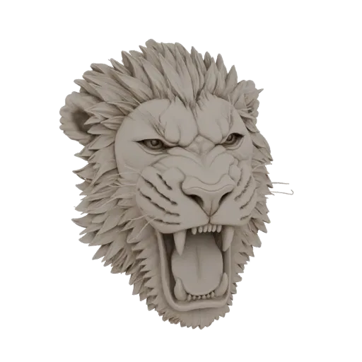 3D model of a roaring lion head bust with a detailed mane and open mouth, rendered in a neutral stone-like texture.