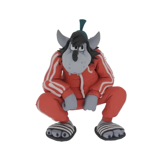 Modelo 3D do Lobo de Nu, pogodi! vestindo agasalho vermelho e agachado.
