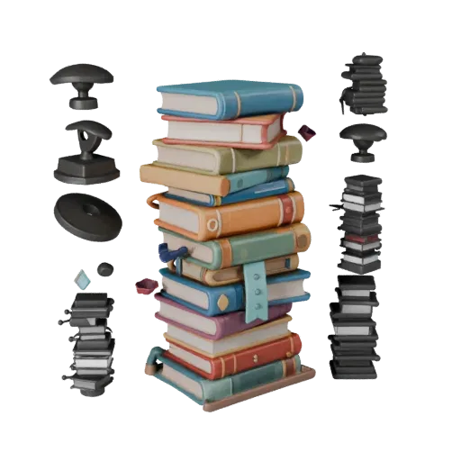 Cluttered Book Stack Stylized 3D model, stylized isometric render, showing ceramic, recognizable everyday shapes.