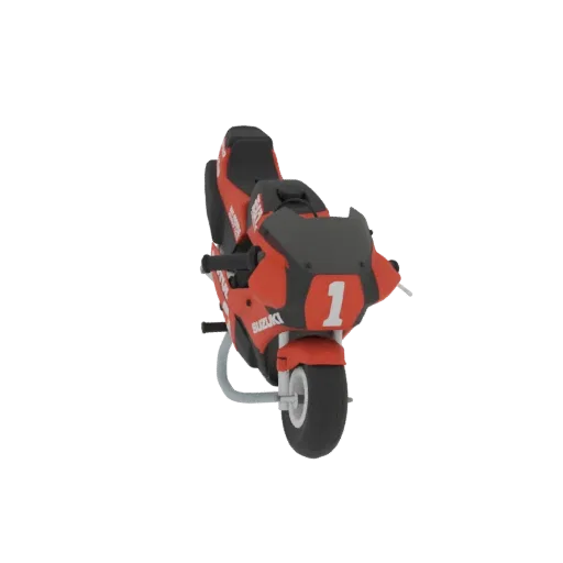 A 3D render of a red Suzuki racing motorcycle with the number 1 on the front, set against a black background.