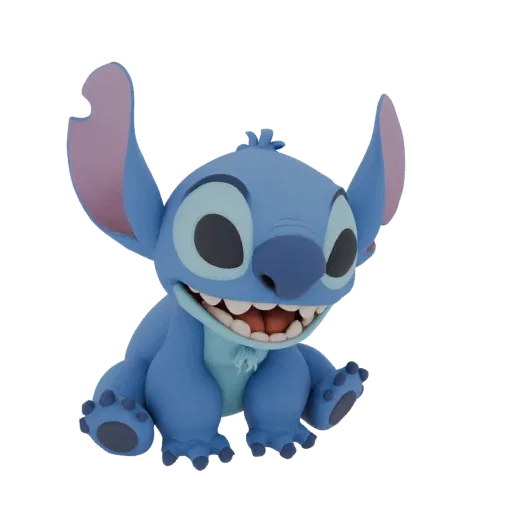 3D model of Stitch, sitting and smiling, with characteristic large ears and blue color, in Jinx style.
