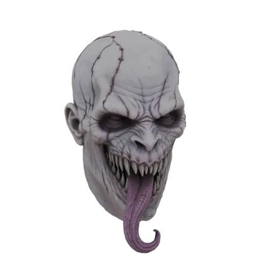 Modello 3D di testa di mostro horror pallida con occhi scuri e infossati, denti aguzzi e una lunga lingua viola biforcuta che