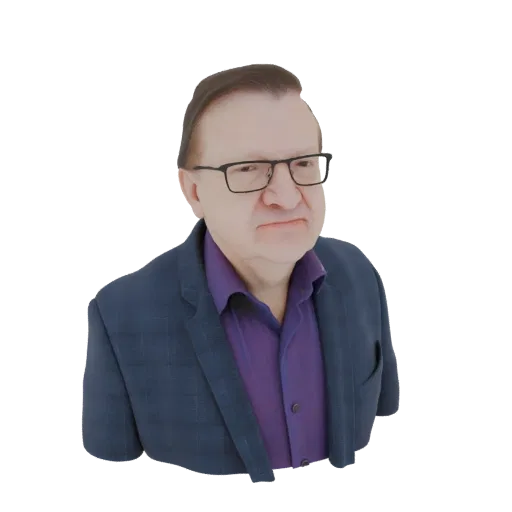 3D model of a man wearing a blue plaid blazer and a purple shirt, looking towards the viewer.