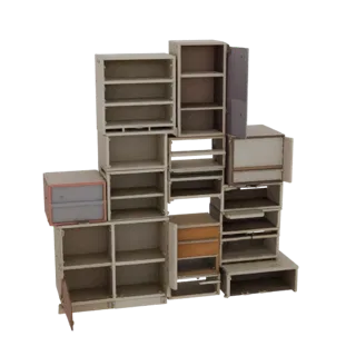 Modelo 3D de armário modular, composto por 15 elementos diferentes: prateleiras, gavetas e secções com portas, montados numa