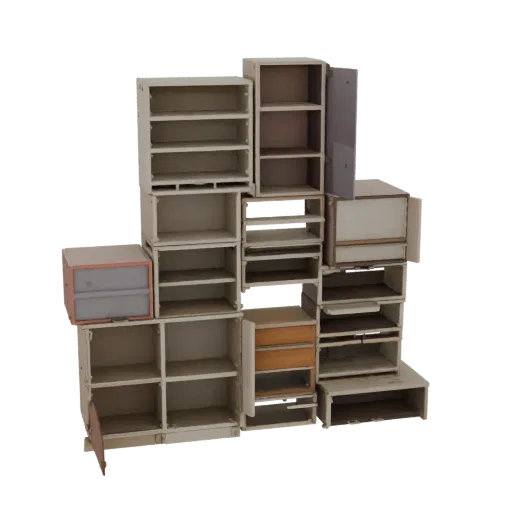 Modelo 3D de armário modular, composto por 15 elementos diferentes: prateleiras, gavetas e secções com portas, montados numa