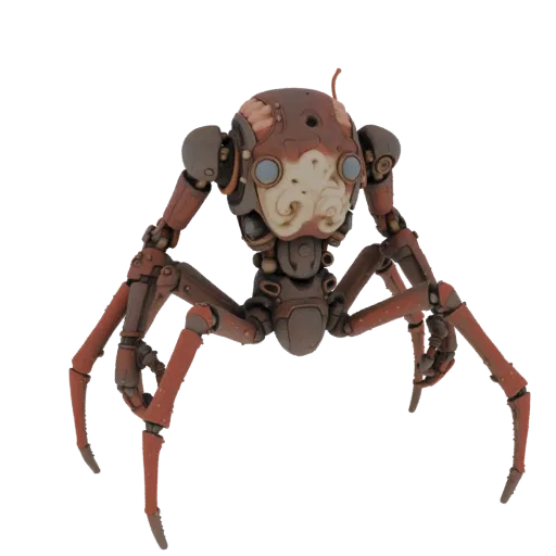 Modelo 3D de monstro aranha mecânico com seis membros, cabeça complexa e elementos biomecânicos, em fundo branco.