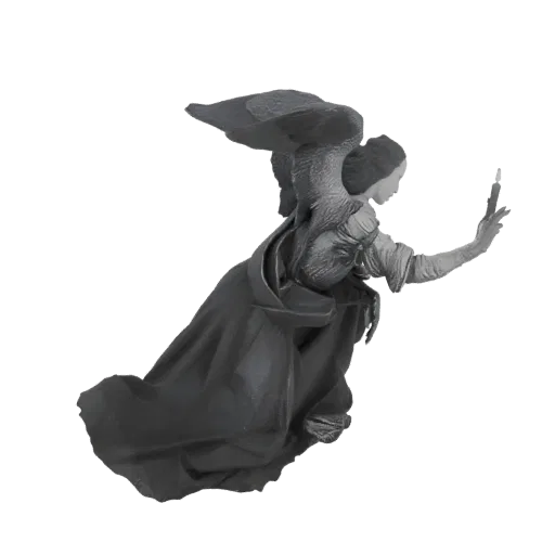 3D model of a grey angel with wings, holding a lit candle in its outstretched hand, with flowing robes.