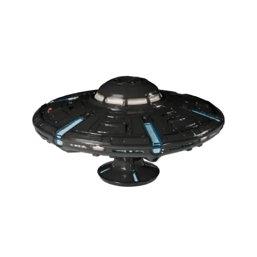 Modello 3D UFO, vista tre quarti frontale, viewport Unity, che mostra strisce emissive, forte silhouette del prop.