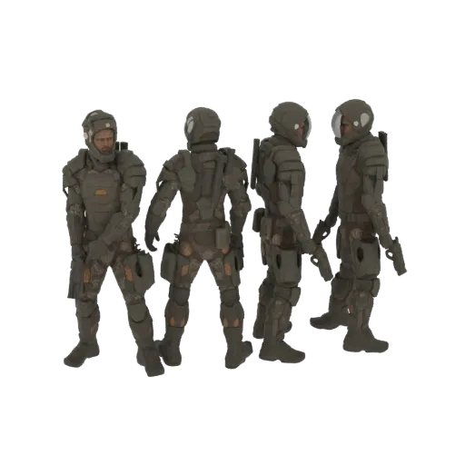 A 3D render of four sci-fi soldiers in tactical gear, standing in a squad formation against a white background.