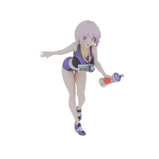 3D model of an anime girl in a purple sports bra and shorts, running with a water bottle and wearing a medal.