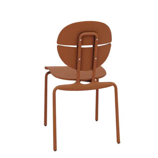 Vista traseira de uma cadeira moderna laranja shell com encosto curvo e pernas metálicas finas, apresentada como um modelo 3D