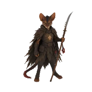 3D model of a feline ranger with a leaf cloak and spear, standing in a ready pose.