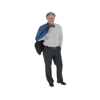 Modèle 3D d'un homme souriant en smoking, portant une chemise blanche, un nœud papillon sombre et un pantalon sombre, avec un