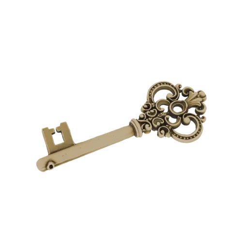 3D model of an ornate antique key with intricate scrollwork on the bow and a classic bit, rendered in a metallic finish.