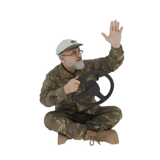 Modelo 3D de um homem idoso em uniforme de camuflagem, sentado de pernas cruzadas, segurando um volante e levantando a mão di