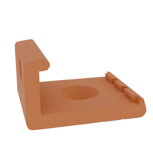3D render of an orange L-shaped bracket with a circular recess and three ribbed protrusions on a black background.