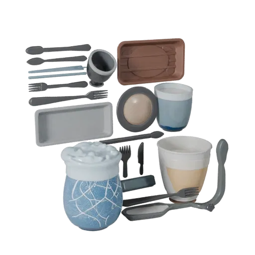 Banquet Tea Service Stylized 3D model, stylized isometric render, showing ceramic, arranged serving layout.