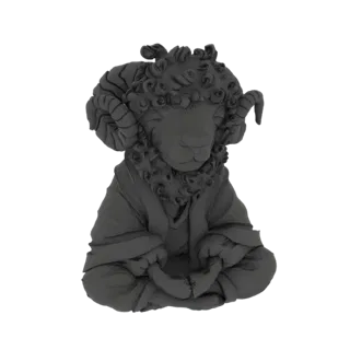 3D model of a ram character wearing robes and meditating in a seated cross-legged pose, with detailed horns and wool texture.