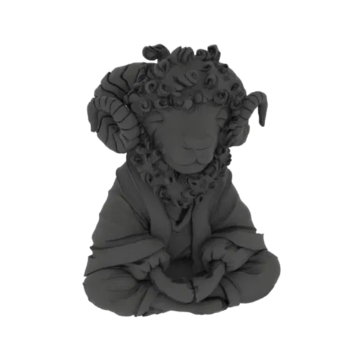 3D model of a ram character wearing robes and meditating in a seated cross-legged pose, with detailed horns and wool texture.